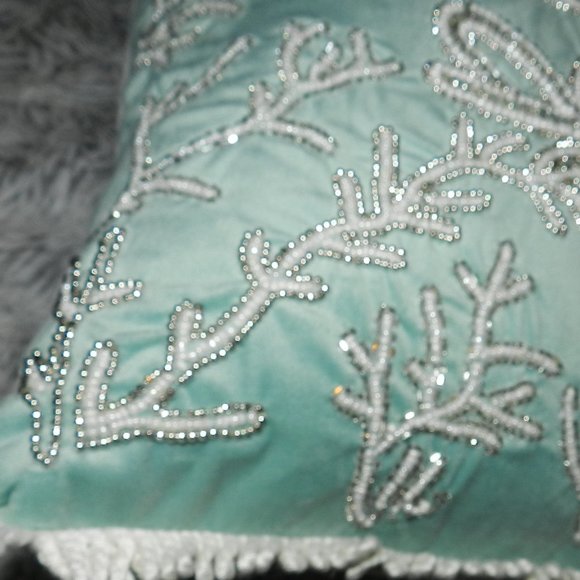 Admaira Home Beaded "Beach" Decorative Throw Statement Suede Pillow Aqua NWT - Picture 7 of 15